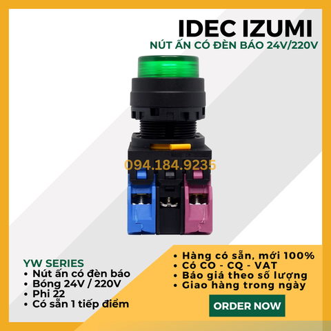 Nút nhấn nhả có đèn IDEC YW1L-M2E10QM3G 220VAC D22 (Xanh) - Nút Ấn Có Đèn Xanh Phi 22 - Đề Có Đèn Xanh IDEC - Tiếp Điểm Đơn Tự Chọn
