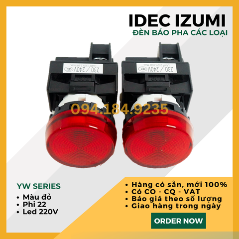 Đèn báo IDEC YW1P-1EQM3R 220VAC D22 (Đỏ) - Đèn Báo Pha Phi 22 - Đèn Báo IDEC màu đỏ