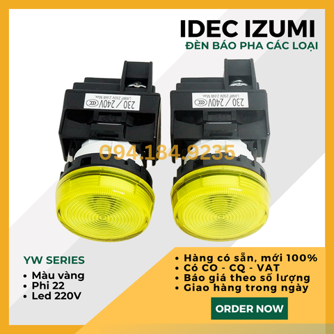 Đèn báo IDEC YW1P-1EQM3Y 220VAC D22 (Vàng) - Đèn Báo Pha Phi 22 - Đèn Báo IDEC màu vàng