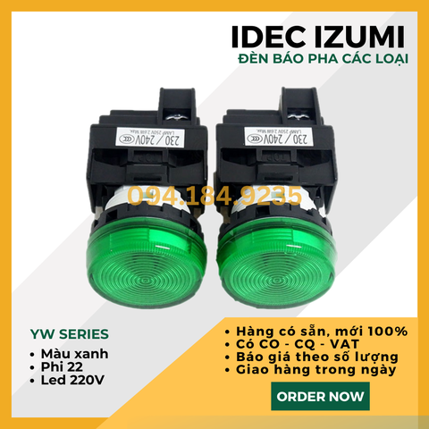Đèn báo IDEC YW1P-1EQM3G 220VAC D22 (Xanh) - Đèn Báo Pha Phi 22 - Đèn Báo IDEC màu xanh