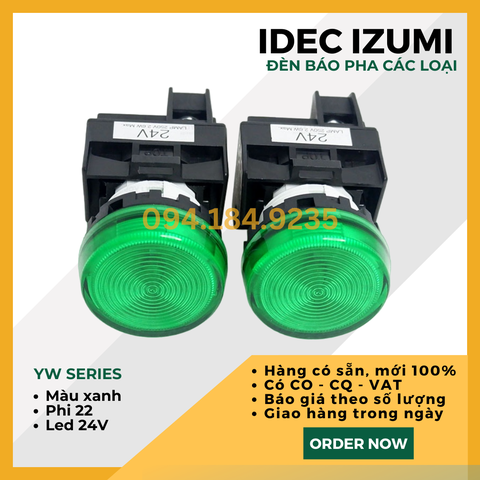 Đèn báo IDEC YW1P-1EQ4Y 24VAC D22 (Xanh) - Đèn Báo Pha Phi 22 - Đèn Báo IDEC màu xanh