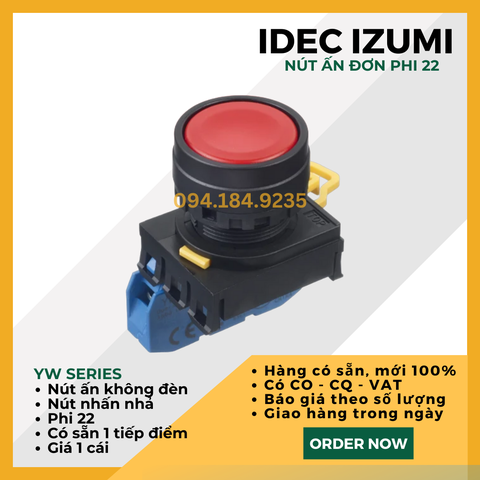 Nút ấn đỏ IDEC - Nút ấn đơn đỏ - Đề đơn đỏ IDEC - YW1B ME1E10R - Nút nhấn nhả màu đỏ phi 22