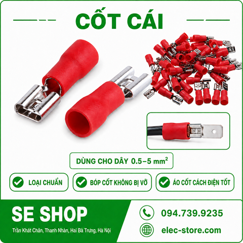 Đầu Cốt Cái – Cos Cái, Cos Ghim Âm ⚡ Đầu Nối Dây Điện Female Terminal - Gói 100 Cái/Màu