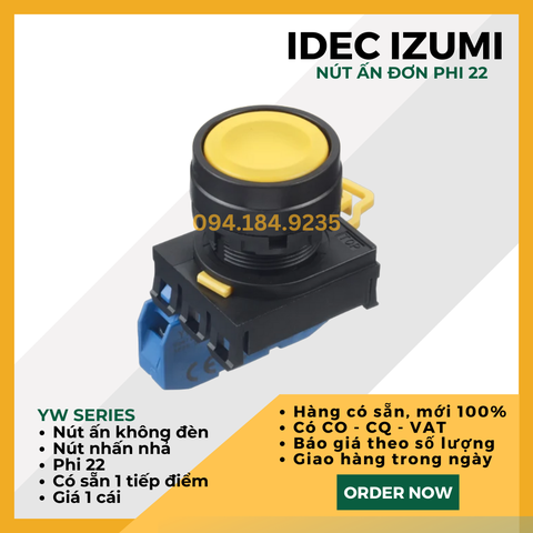 Nút ấn đỏ IDEC - Nút ấn đơn vàng - Đề đơn vàng IDEC - YW1B ME1E10Y - Nút nhấn nhả màu vàng phi 22