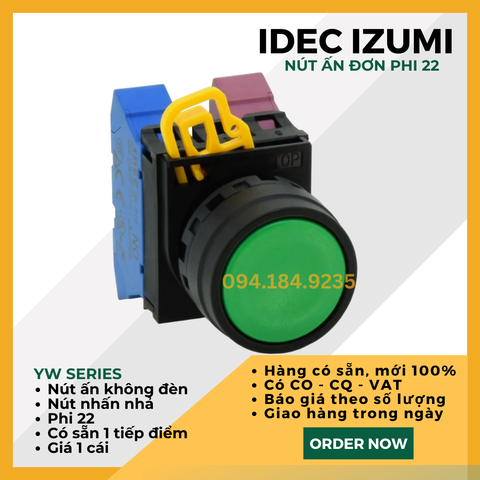 Nút ấn xanh IDEC - Nút ấn đơn xanh - Đề đơn xanh IDEC - YW1B ME1E10G - Nút nhấn nhả màu xanh phi 22