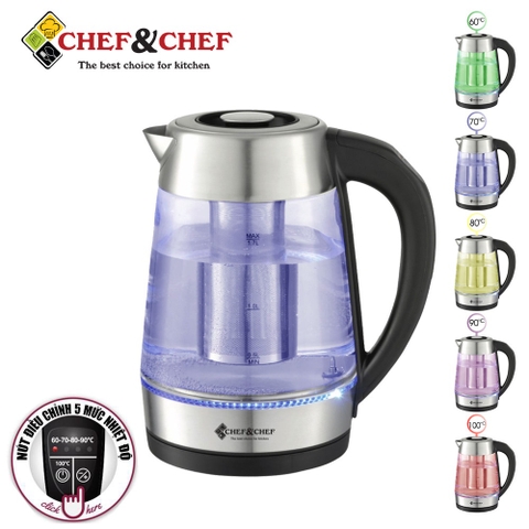 Ấm đun nước thủy tinh Chef&Chef CH1703D điều khiển nhiệt độ đun.