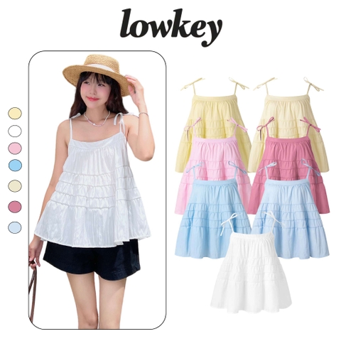 K5215 LOWKEY_ÁO HAI DÂY BABYDOLL TẦNG BỒNG XÒE VẢI DÙ NHĂN THOÁNG MÁT