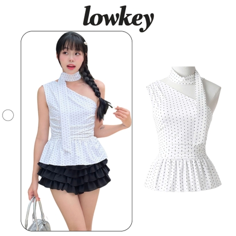 K5218 LOWKEY_ÁO LỆCH VAI CHẤM BI DÁNG XÒE PEPLUM-PHỐI DÂY CỔ,CÓ KHÓA KÉO BÊN HÔNG