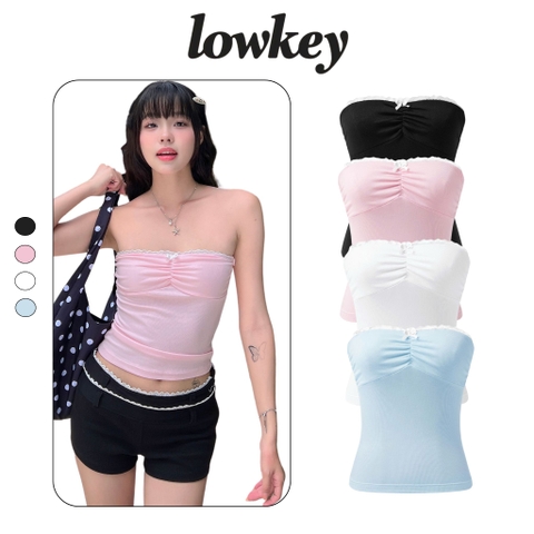 K5217 LOWKEY_ÁO ỐNG VIỀN REN ĐÍNH NƠ VẢI TĂM EM BÉ CO GIÃN, MỀM MẠI