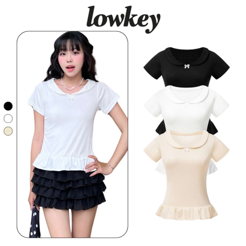 K5216 LOWKEY_ÁO THUN CỔ SEN TAY NGẮN NHÚN LAI BÈO CHẤT THUN COTTON HỌA TIẾT CO GIÃN, MỀM MẠI