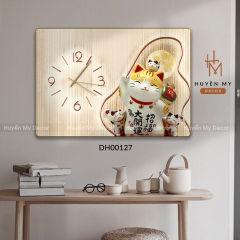 Tranh Đồng Hồ Tráng Gương Mèo Thần Tài Thời Trang Sang Trọng Huyền My Decor DH00127