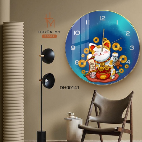 Tranh Đồng Hồ Tròn Mèo Thần Tài Chất Liệu Tráng Gương Trang Trí Phòng Khách Phòng Ngủ Huyền My Decor DH00141