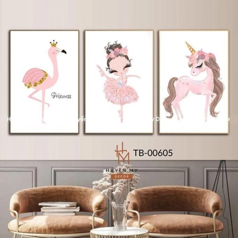 Bộ 3 Tranh Bé Gái; Hồng Hạc và Pony Dễ Thương Nghệ Thuật Trang Trí Phòng Ngủ; Phòng Khách Huyền My Decor TB-00605