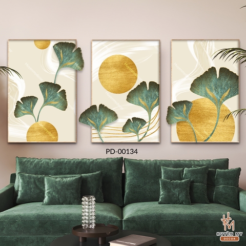 Bộ 3 Tranh Tráng Gương Phù Điêu Lá Bạch Hoá Trang Trí Không Gian Hiện Đại Huyền My Decor PD-00134