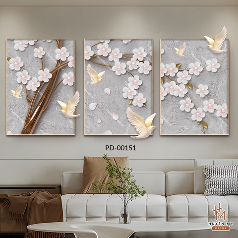 Bộ 3 Tranh Tráng Gương Phù Điêu Hoa Và Chim Trang Trí Không Gian Hiện Đại Huyền My Decor PD-00151