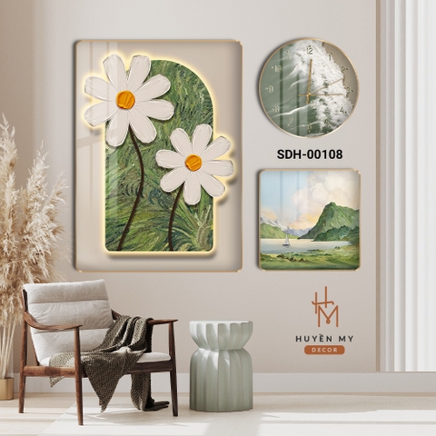 Set 3 Tranh Đồng Hồ Hoa và Phong Cảnh Sóng Biển Tươi Sáng Huyền My Decor SDH-00108