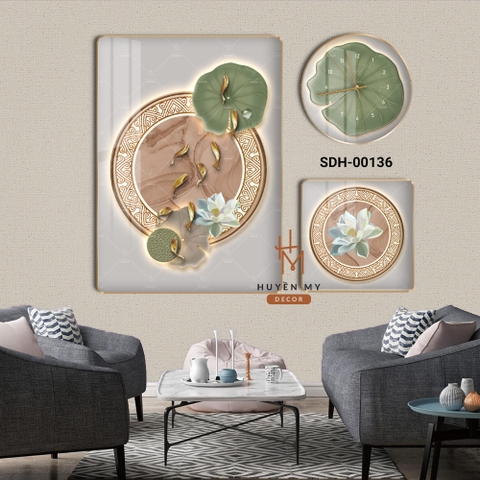 Set 3 Tranh Đồng Hồ Cửu Ngư Quần Hội Sen Cá Phong Thủy Tài Lộc Huyền My Decor  SDH-00136