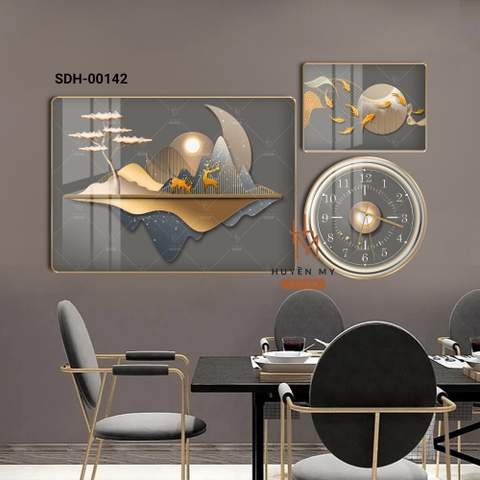 Set 3 Tranh Đồng Hồ Cửu Ngư; Hươu Núi Phong Thủy Tài Lộc Huyền My Decor SDH-00142