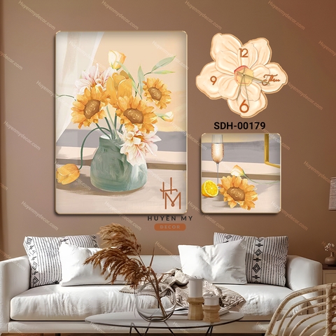 Set 3 Tranh Đồng Hồ Bình Hoa Nghệ Thuật Hiện Đại Phong Cách Huyền My Decor SDH-00179