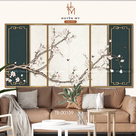 Bộ 3 Tranh Hoa; Cành Hoa Đào Nghệ Thuật Chất Liệu Tráng Gương; Lụa Kim Sa Decor Cao Cấp Huyền My Decor TB - 00159