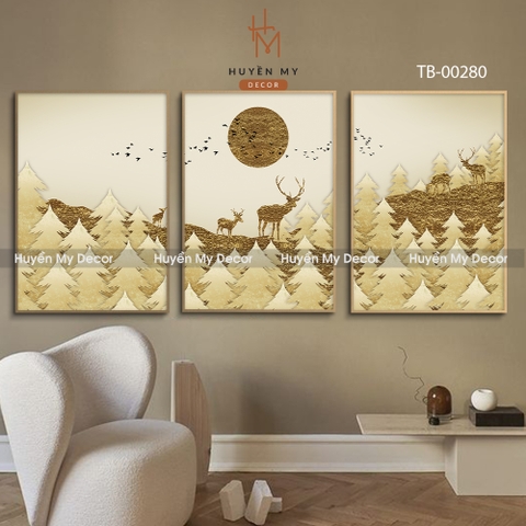 Bộ 3 Tranh Hươu Nai; Phong Cảnh Rừng Cây Và Trăng Decor Phòng Ngủ; Phòng Khách Phong Cách Hiện Đại TB-00280