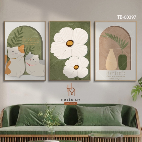 Bộ 3 Tranh Hoa Và Mèo Nghệ Thuật Trang Trí Phòng Ngủ; Phòng Khách Huyền My Decor TB-00397