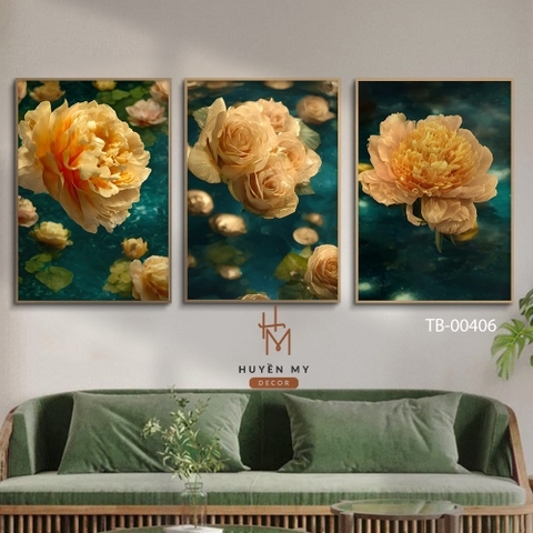 Bộ 3 Tranh Hoa Hồng Cam Nghệ Thuật Trang Trí Phòng Ngủ; Phòng Khách Huyền My Decor TB-00406