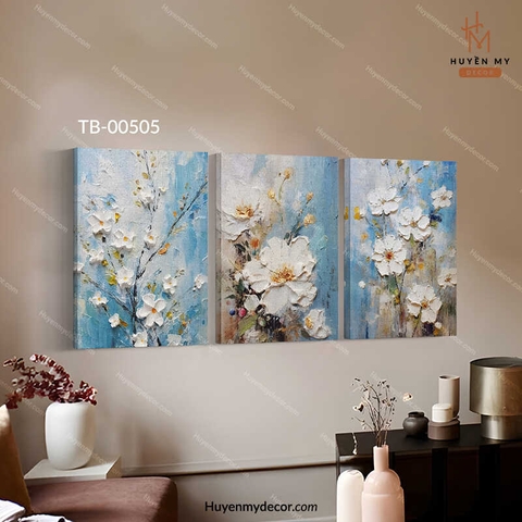 Bộ 3 Tranh Hoa Đào Trắng Hiện Đại Chất Liệu Tráng Gương; Lụa Kim Sa Cao Cấp Huyền My Decor TB-00505