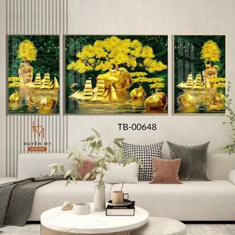 Bộ 3 Tranh Tráng Gương Tài Lộc; Kim Tiền, Thuyền Buồm, Hươu Nước Phong Thủy Ý Nghĩa Huyền My Decor TB-00648