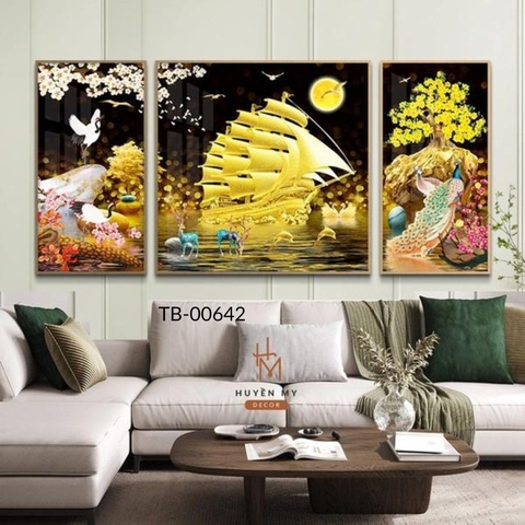 Bộ 3 Tranh Tráng Gương Thuận Buồm Xuôi Gió; Tranh Thuyền Buồm Ý Nghĩa Huyền My Decor TB-00642