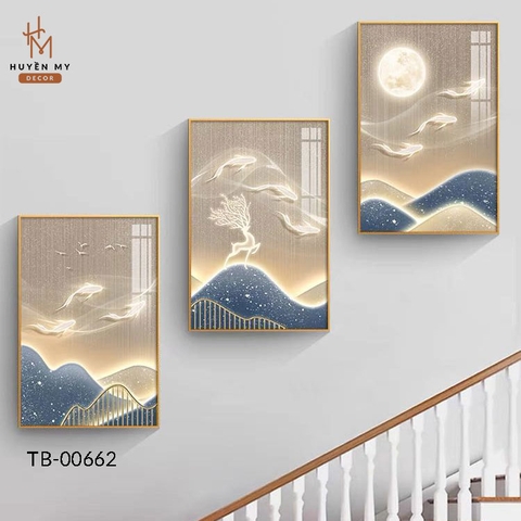 Bộ 3 Tranh  Hiện Đại Chất Liệu Tráng Gương; Lụa Kim Sa Cao Cấp Huyền My Decor TB-00662