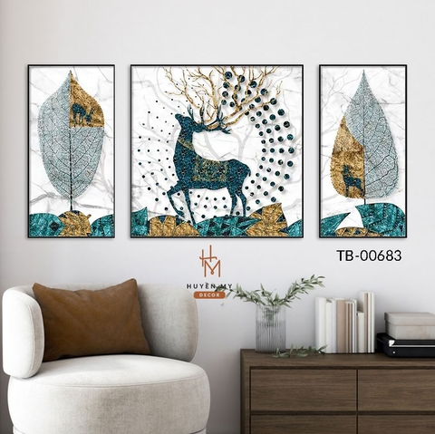 Bộ 3 Tranh Tráng Gương Hươu Nai Tài Lộc; Kim Tiền Phong Thủy Ý Nghĩa Huyền My Decor TB-00683