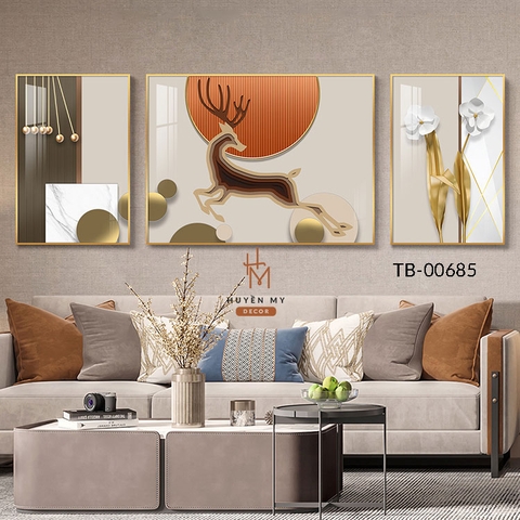 Bộ 3 Tranh Tráng Gương Hươu Nai Tài Lộc; Kim Tiền Phong Thủy Ý Nghĩa Huyền My Decor TB-00685