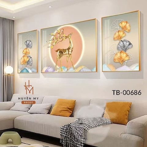 Bộ 3 Tranh Tráng Gương Hươu Nai Tài Lộc; Kim Tiền Phong Thủy Ý Nghĩa Huyền My Decor TB-00686