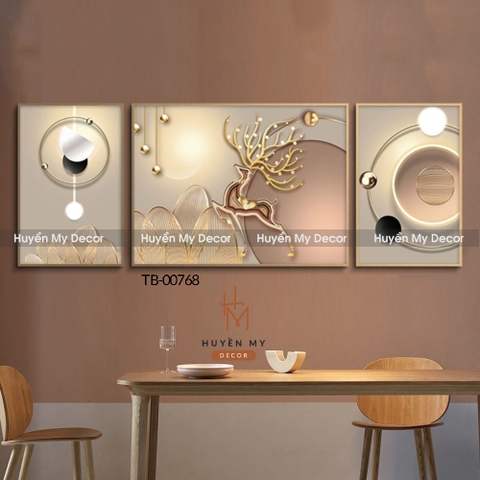 Bộ 3 Tranh Tráng Gương Hươu Nai Tài Lộc; Kim Tiền Phong Thủy Ý Nghĩa Huyền My Decor TB-00768