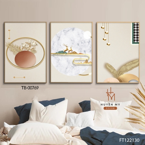 Bộ 3 Tranh Hươu Vàng Phong Cảnh May Mắn Chất Liệu Tráng Gương; Lụa Kim Sa Cao Cấp Huyền My Decor TB-00769