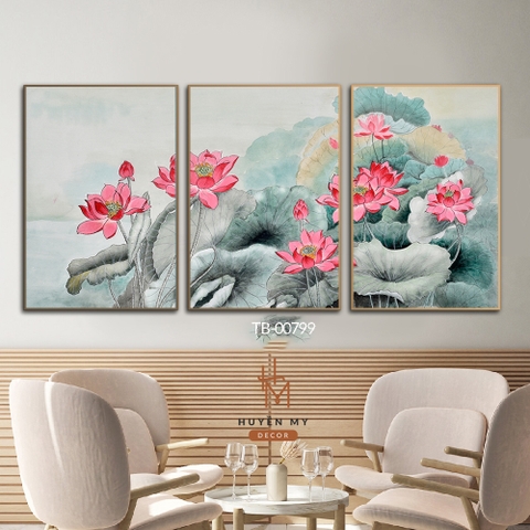 Bộ 3 Tranh Đàn Hoa Sen Nghệ Thuật Chất Liệu Tráng Gương; Lụa Kim Sa Decor Cao Cấp Huyền My Decor TB-00799