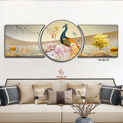 Bộ 3 Tranh Khuyết Tráng Gương Chim Công Trang Trí Phòng Khách Huyền My Decor TK-00179