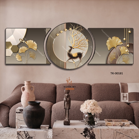 Bộ 3 Tranh Khuyết Tráng Gương Hươu Nai, Lá Bạch Quả Trang Trí Phòng Khách Huyền My Decor TK-00181