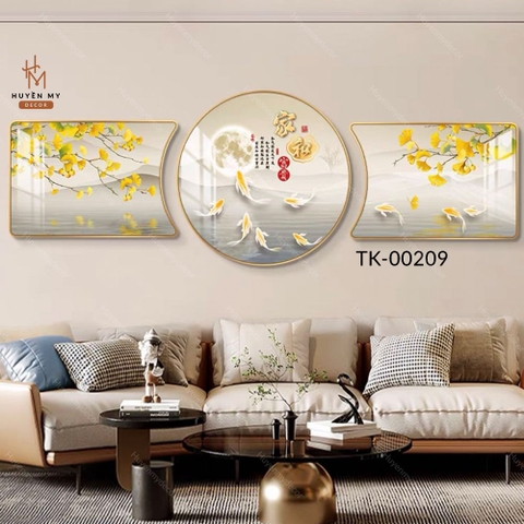 Bộ 3 Tranh Khuyết Tráng Gương Cửu Ngư Trang Trí Phòng Khách Huyền My Decor TK-00209