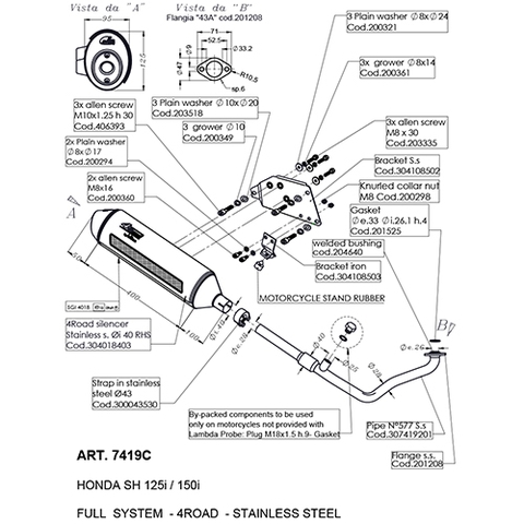 Pô Leovince 4road Honda Sh ý 125/150i Full kit cổ pô Inox
