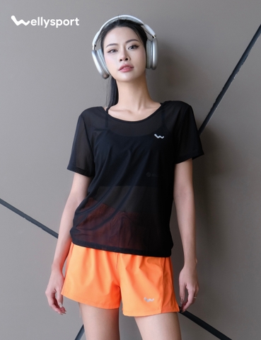 Áo Lưới Nữ Tập Gym, Yoga, Chạy Bộ, Màu Đen, Welly Sport, Mã ALMD