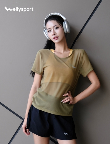 Áo Lưới Nữ Tập Gym, Yoga, Chạy Bộ, Màu Xanh Bơ, Welly Sport, Mã ALMX