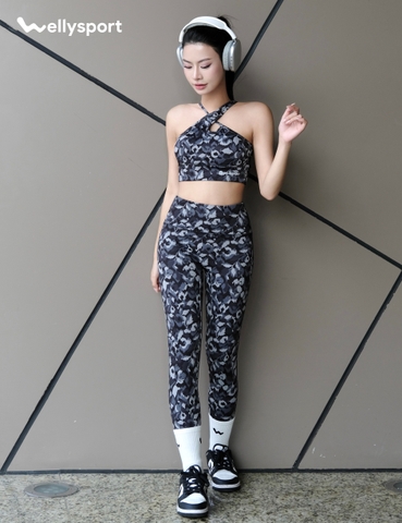 Set Đồ Tập Yoga, Gym Nữ, Màu Loang Đen, Welly Sport, Mã BTLD