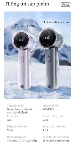 Quạt Điện Mini Cầm Tay Sò Lạnh Thân Quạt Làm Lạnh Lòng Bàn Tay TEKKIN F568 pin 4500mah dùng 10h LCD hiển thị pin