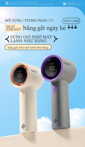 Quạt cầm tay mini siêu mạnh TEKKIN TI-257 pin dùng liên tục 30 giờ màn kỹ thuật số 100 mức gió tặng dây đeo cáp