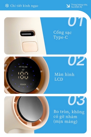Quạt cầm tay mini siêu mạnh TEKKIN TI-257 pin dùng liên tục 30 giờ màn kỹ thuật số 100 mức gió tặng dây đeo cáp
