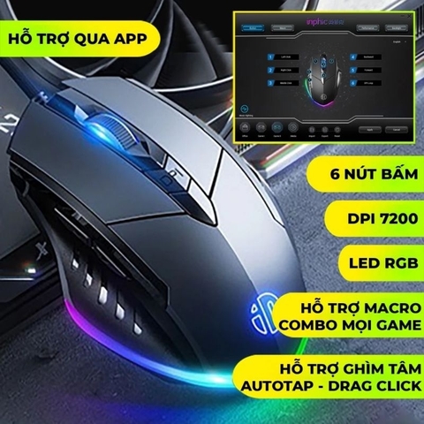 ￼Chuột máy tính gaming TEKKIN INPHIC PG6 có dây 12800 DPI 9 nút hỗ trợ macro qua app 12 chuyên game thủ
