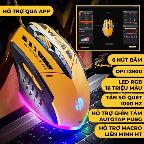 ￼Chuột máy tính gaming TEKKIN INPHIC PG6 có dây 12800 DPI 9 nút hỗ trợ macro qua app 12 chuyên game thủ