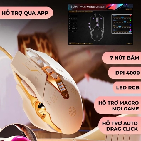 ￼Chuột máy tính gaming TEKKIN INPHIC PG6 có dây 12800 DPI 9 nút hỗ trợ macro qua app 12 chuyên game thủ